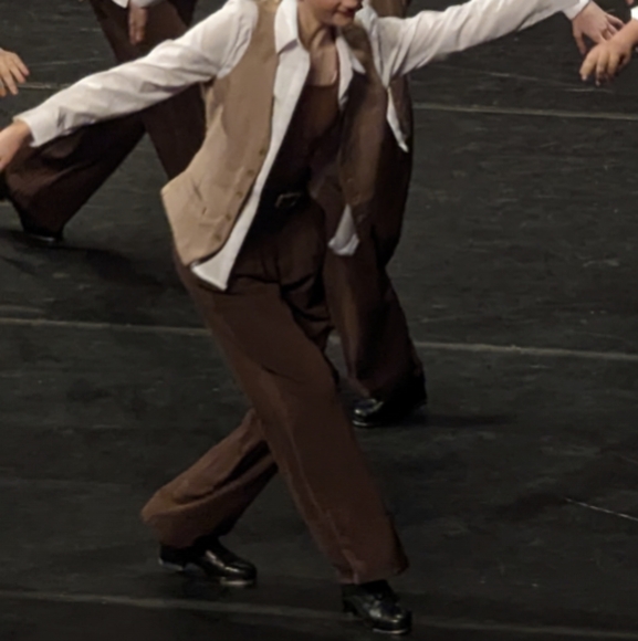 Menswear Style Tap Dance Costume: Brown White Bodysuit, Blouse, Pants, Vest - Picture 2 of 7